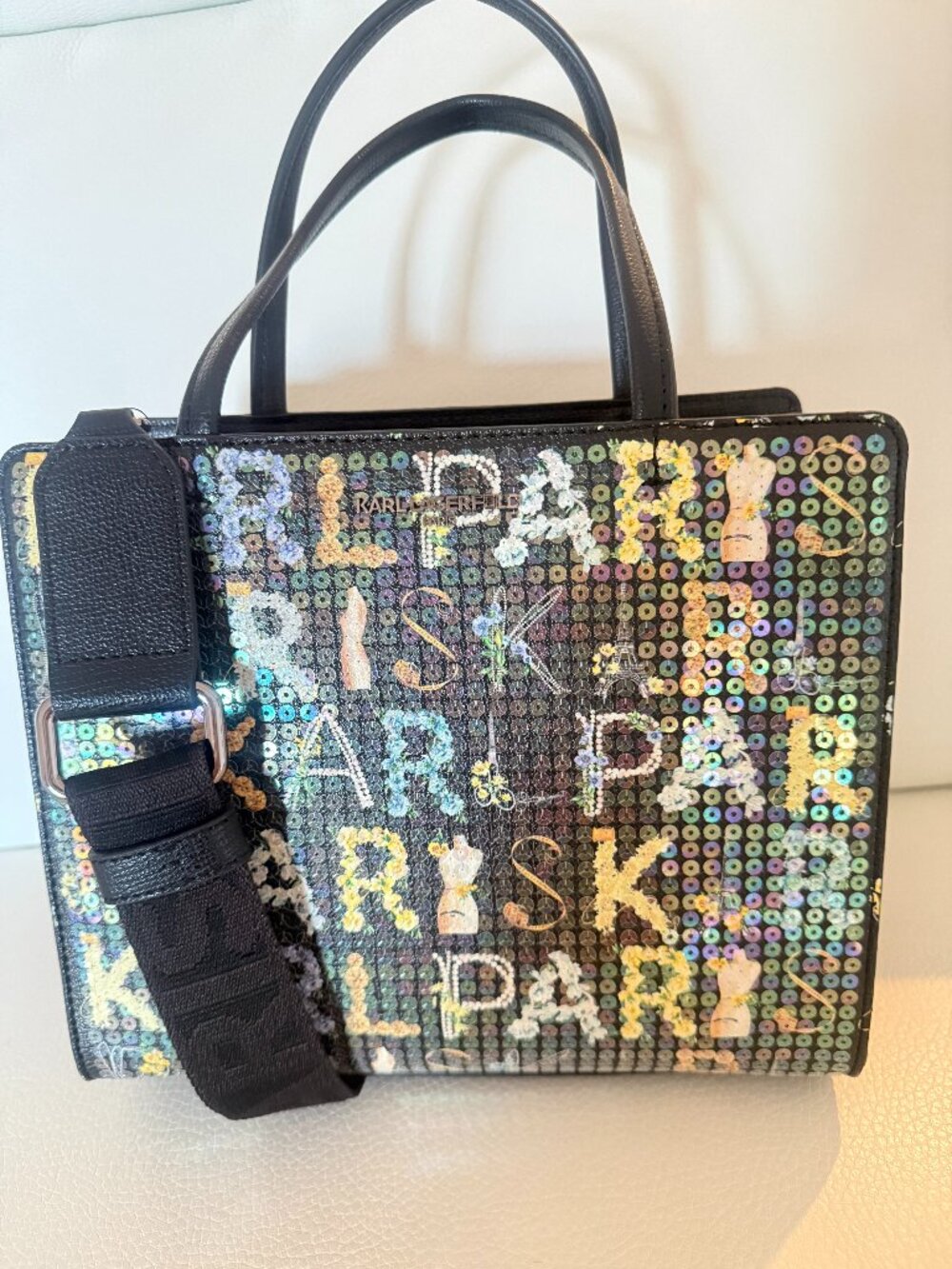 NWT KARL LAGERFELD MAYBELLE SATCHEL CROSSBODY BAG WITH MULTICOLR SEQUINS $268
